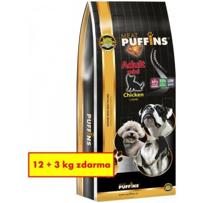 Puffins Yorkshire & Mini s masovou náplní Krmivo pro psy 12+3kg zdarma